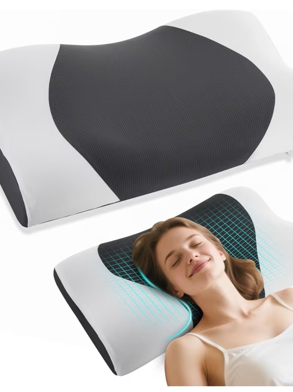 Contour Memory Foam Pillow in White and Charcoal - Ergonomic Neck Support